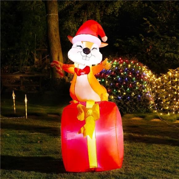 Holiday Christmas Inflatable 5ft Squirrel Standing On The Gift Box